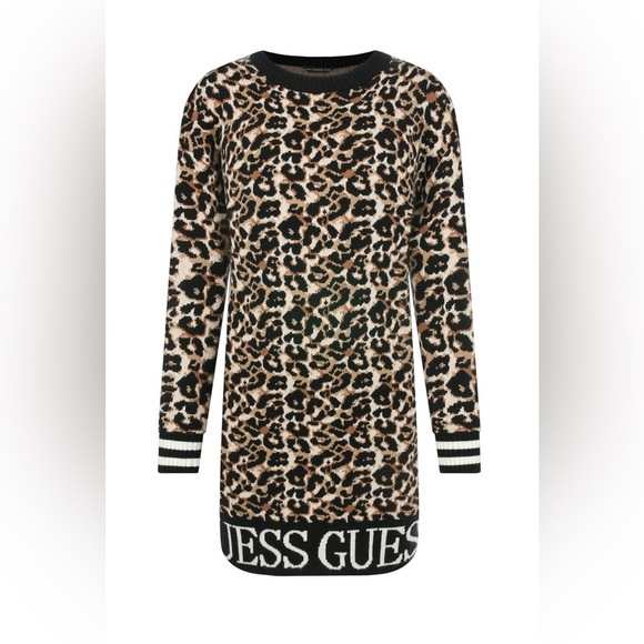 GUESS Leopard Print Sweater Dress Long Sleeve Logo Hem Size 8 - Picture 1 of 13